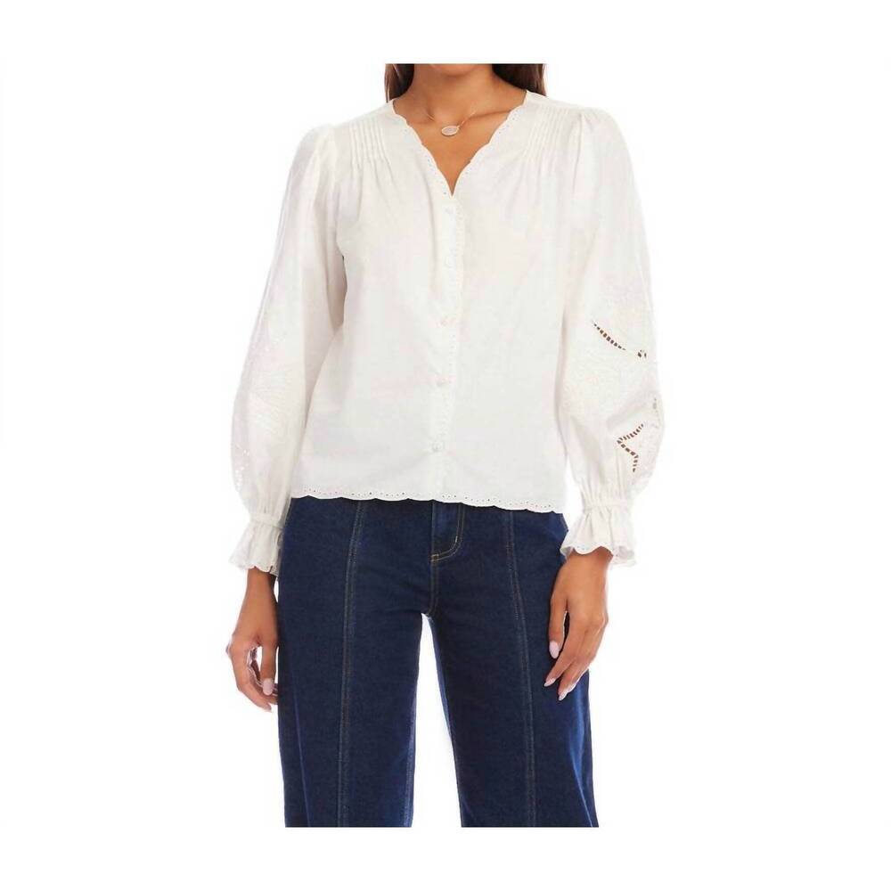 NEW KAREN KANE embroidered button-front top in off white